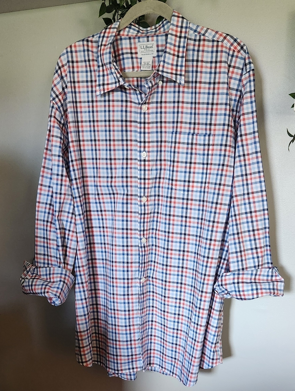 L.L. Bean Men's Plaid Button-Down Shirt in White, Blue & Red